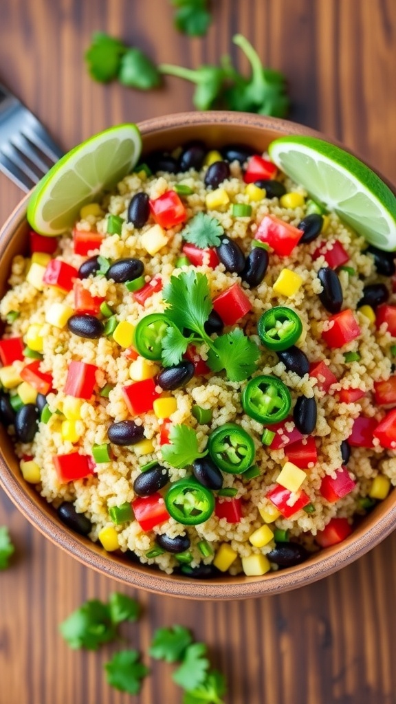A colorful quinoa salad with jalapeños, bell peppers, corn, and black beans, garnished with cilantro and lime on a wooden table.